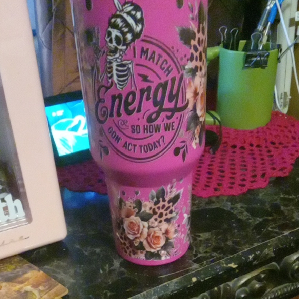 Pink Tumbler with Floral and Skeleton Design 40 Oz Home Made